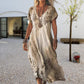 Women's Printed V-Neck Short-Sleeve Long Dress