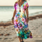 Women's Printed V-Neck Short-Sleeve Long Dress