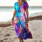 Women's Printed V-Neck Short-Sleeve Long Dress