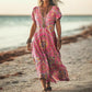 Women's Printed V-Neck Short-Sleeve Long Dress