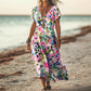 Women's Printed V-Neck Short-Sleeve Long Dress