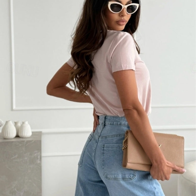 Women's Solid V-Neck Short Sleeve Tops