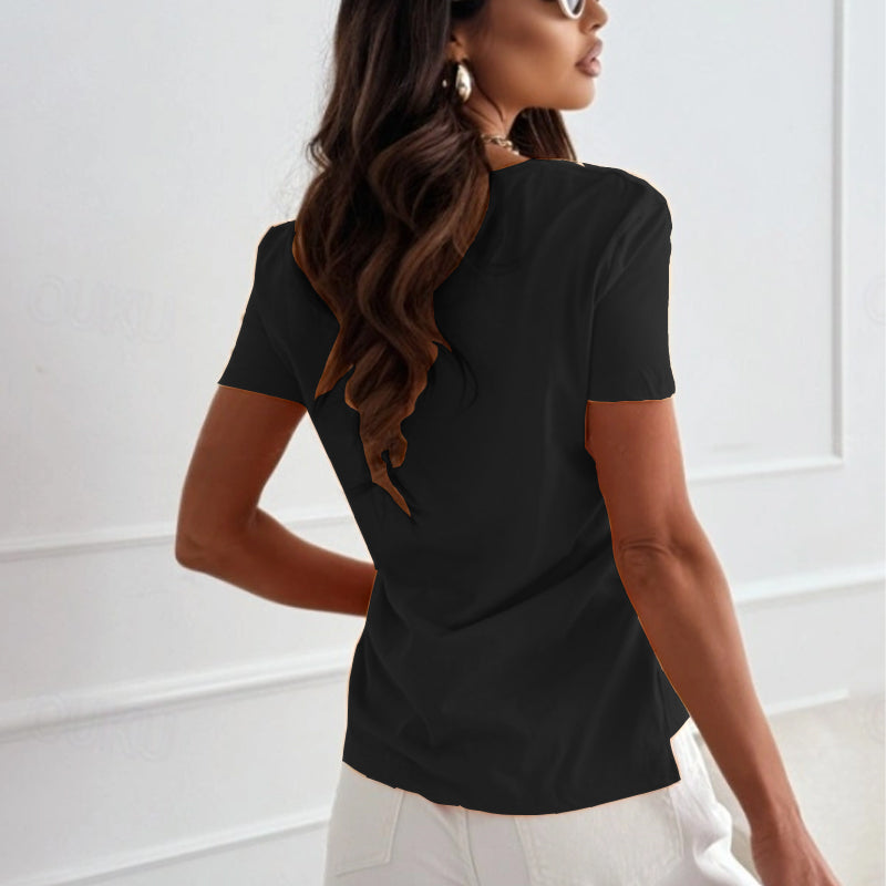 Women's Solid V-Neck Short Sleeve Tops