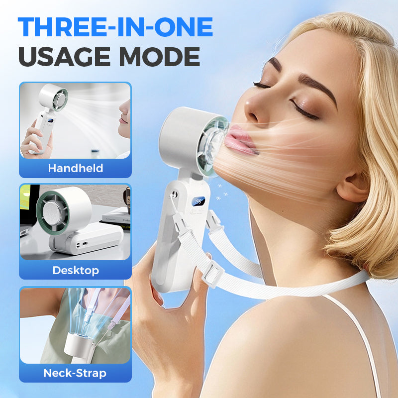 ❄️💨 Handheld Cooling Fan with Ice Mist – 3-speed settings, mist cooling ⚡✅