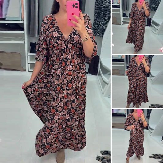 💃Time-limited Special 50%OFF⏰V-neck Printed Maxi Dress with 3/4 Sleeves🍁Let this Autumn be Filled with Your Elegance💗