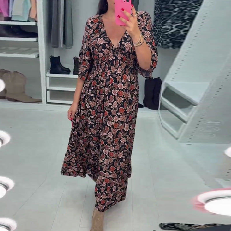 💃Time-limited Special 50%OFF⏰V-neck Printed Maxi Dress with 3/4 Sleeves🍁Let this Autumn be Filled with Your Elegance💗