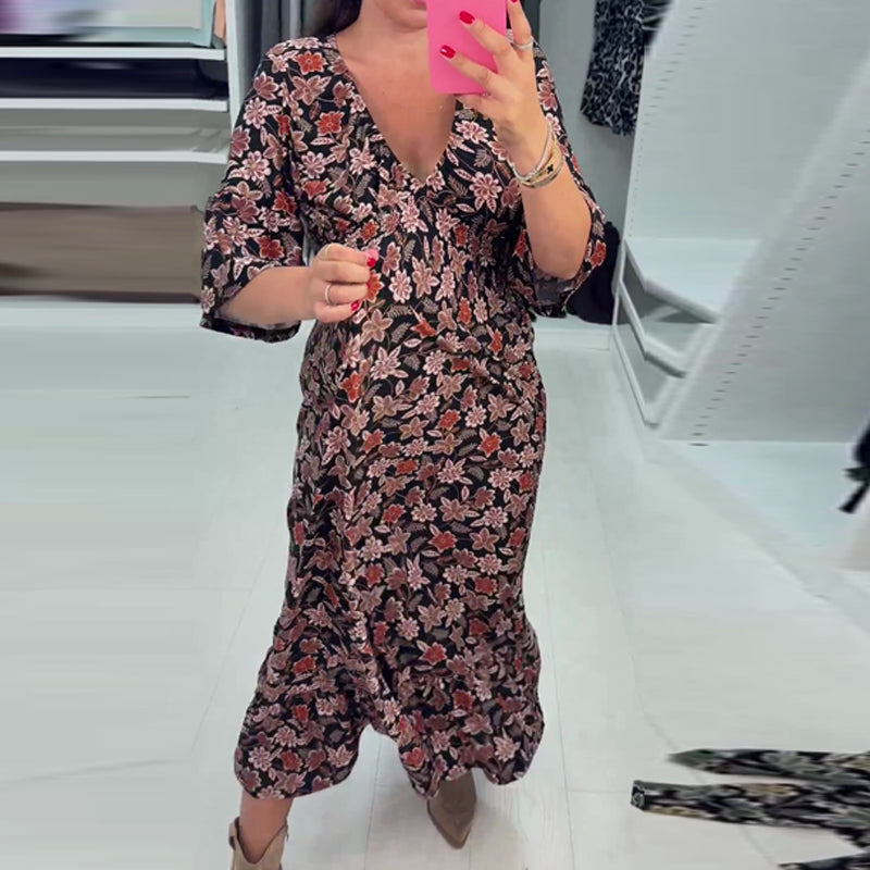 💃Time-limited Special 50%OFF⏰V-neck Printed Maxi Dress with 3/4 Sleeves🍁Let this Autumn be Filled with Your Elegance💗