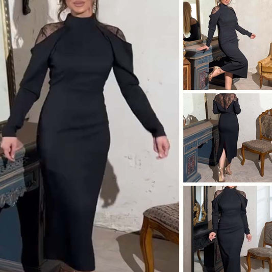 👗 [S-5XL] Versatile-Customized🔥Women's Elegant Mock Neck Lace Back Midi Dress