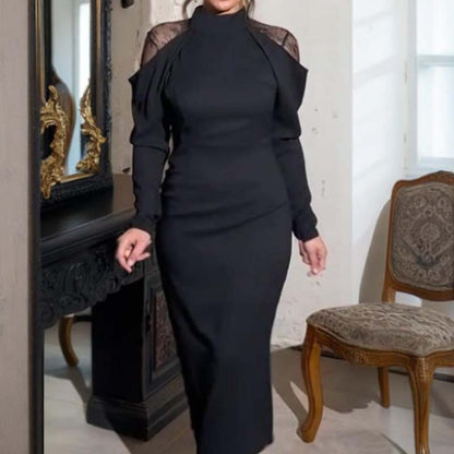 👗 [S-5XL] Versatile-Customized🔥Women's Elegant Mock Neck Lace Back Midi Dress