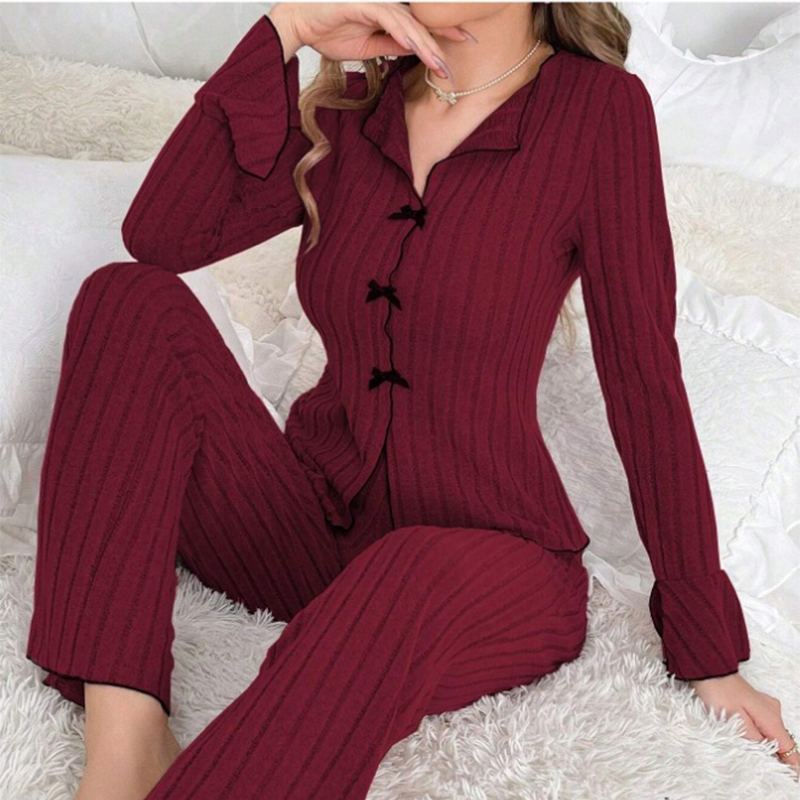 🔥Limited-Time Lowest Price⚡Women's Ribbed Knit Pajamas Sets with Lapel Collar & Bows