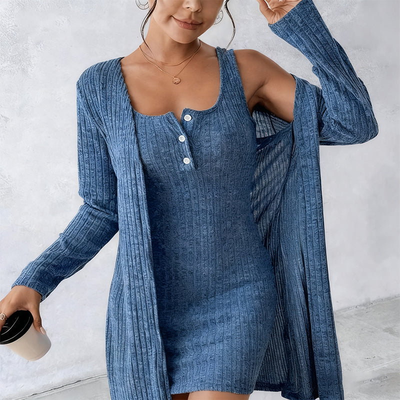 Ribbed Knit Bodycon Dress and Cardigan Set