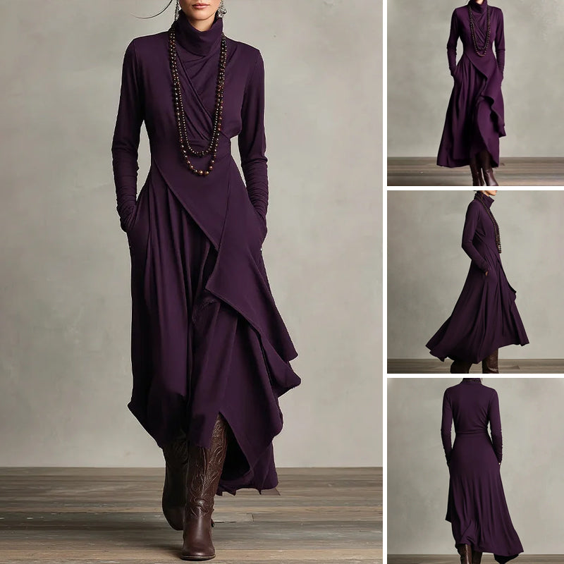 Women's Elegant High-Neck Asymmetrical Draped Maxi Dress