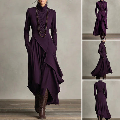 Women's Elegant High-Neck Asymmetrical Draped Maxi Dress