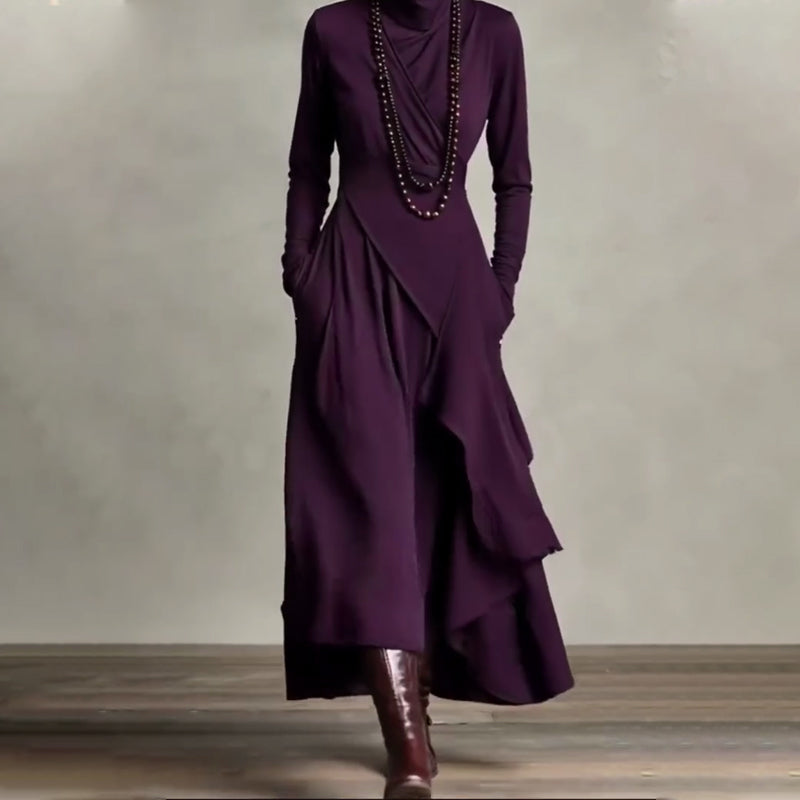 Women's Elegant High-Neck Asymmetrical Draped Maxi Dress