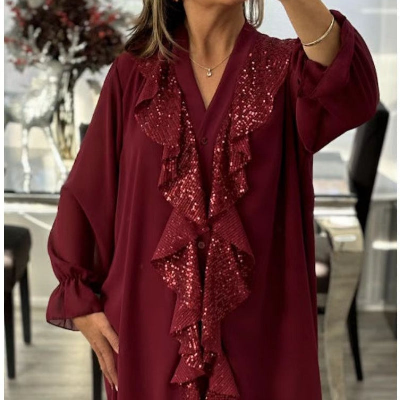 📢📢50 % OFF !!✨Women's V-Neck Chiffon Sequin Long Sleeve Shirt