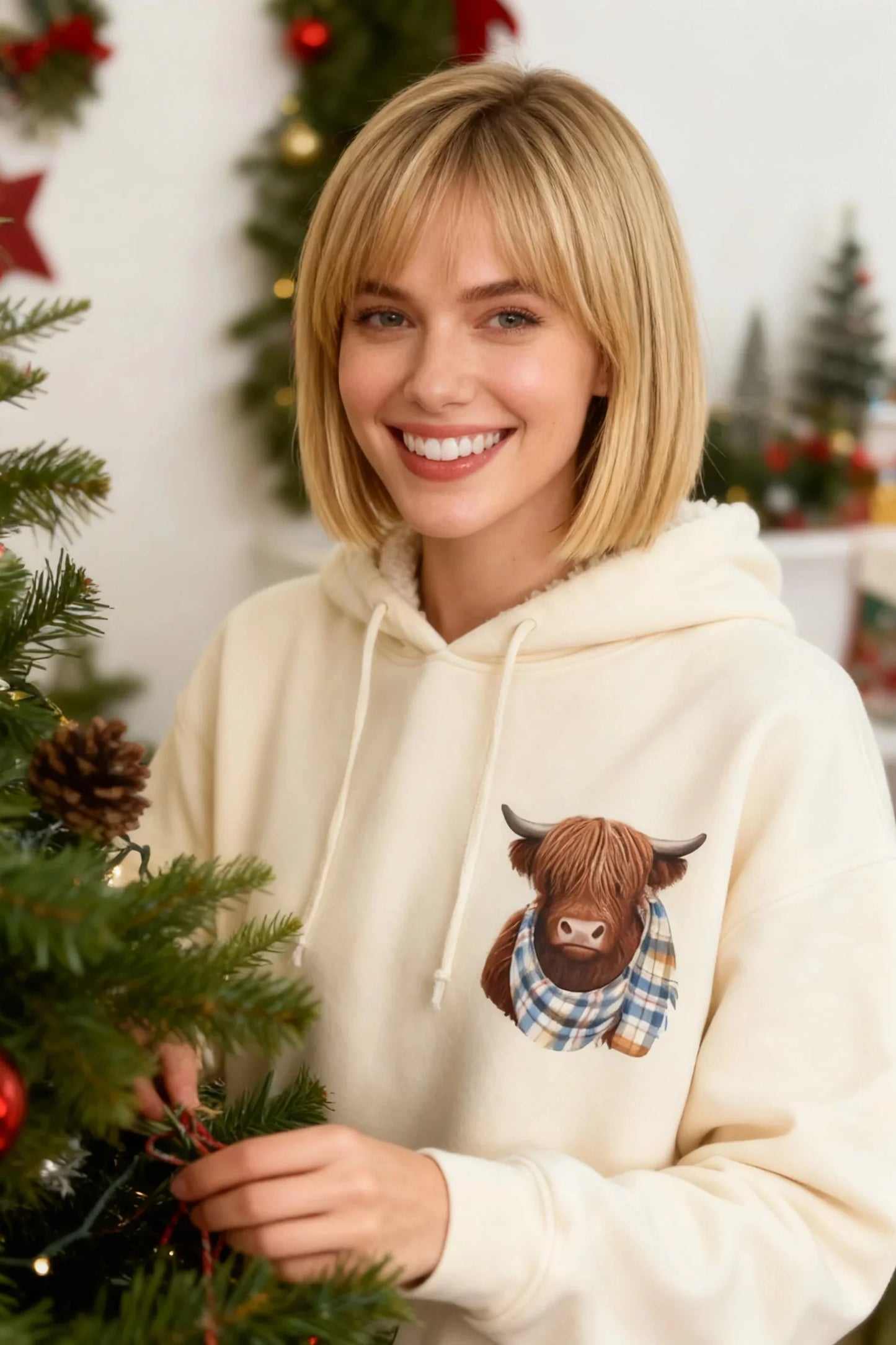 🎅 HOLIDAY HAUL SALE🦬Cute Highland Cow Cozy Fleece-Lined Hooded Sweatshirt🎁
