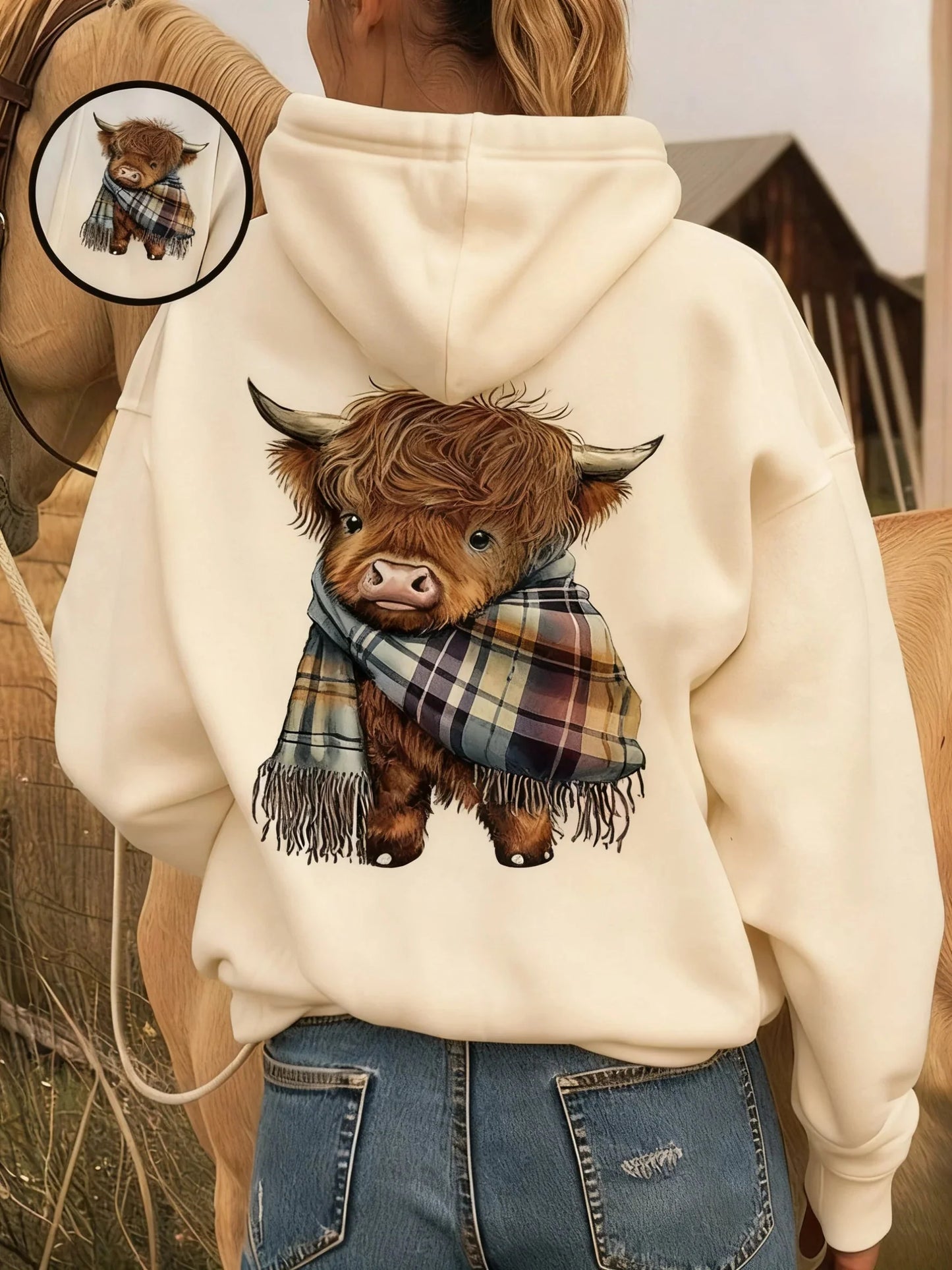 🎅 HOLIDAY HAUL SALE🦬Cute Highland Cow Cozy Fleece-Lined Hooded Sweatshirt🎁