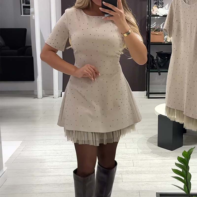 🔥Hot Sale Offers-Women’s Sparkling Lace Trim Short-Sleeve Mini Dress | Elegant & Shimmering