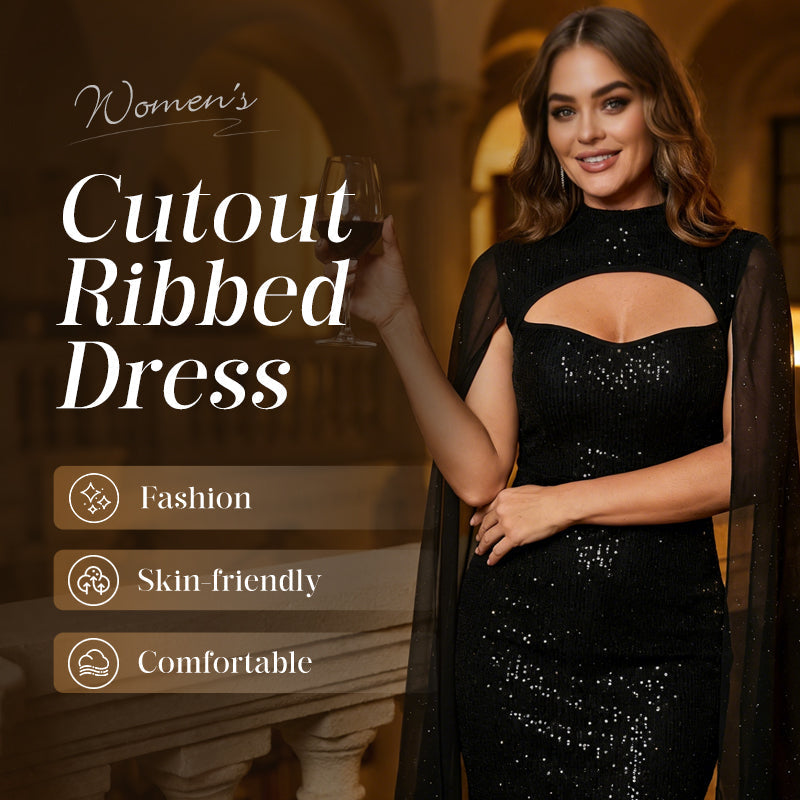Women's Cutout Ribbed Dress with Chiffon Cape
