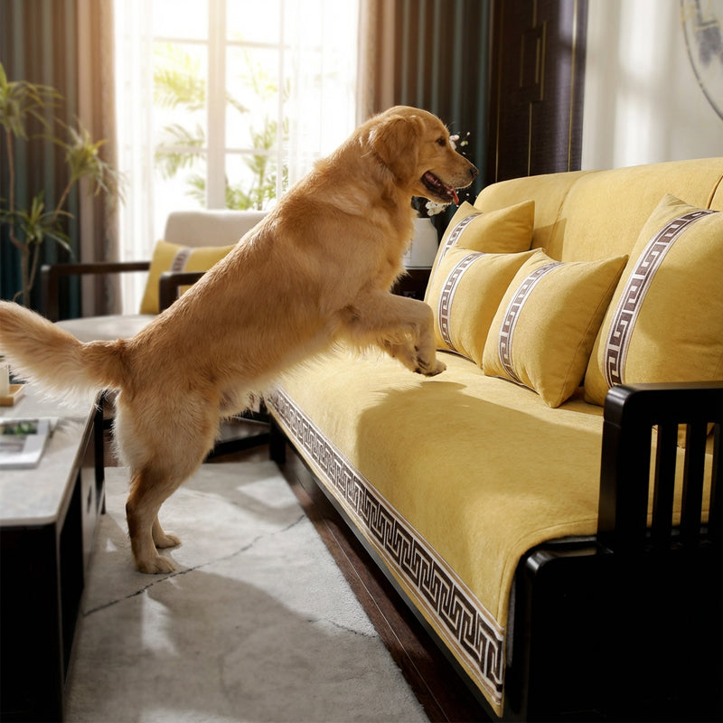 Non-Slip Sofa Cover with Greek Key Border