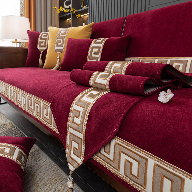 Non-Slip Sofa Cover with Greek Key Border
