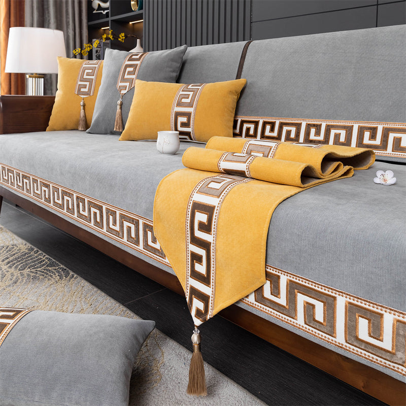Non-Slip Sofa Cover with Greek Key Border