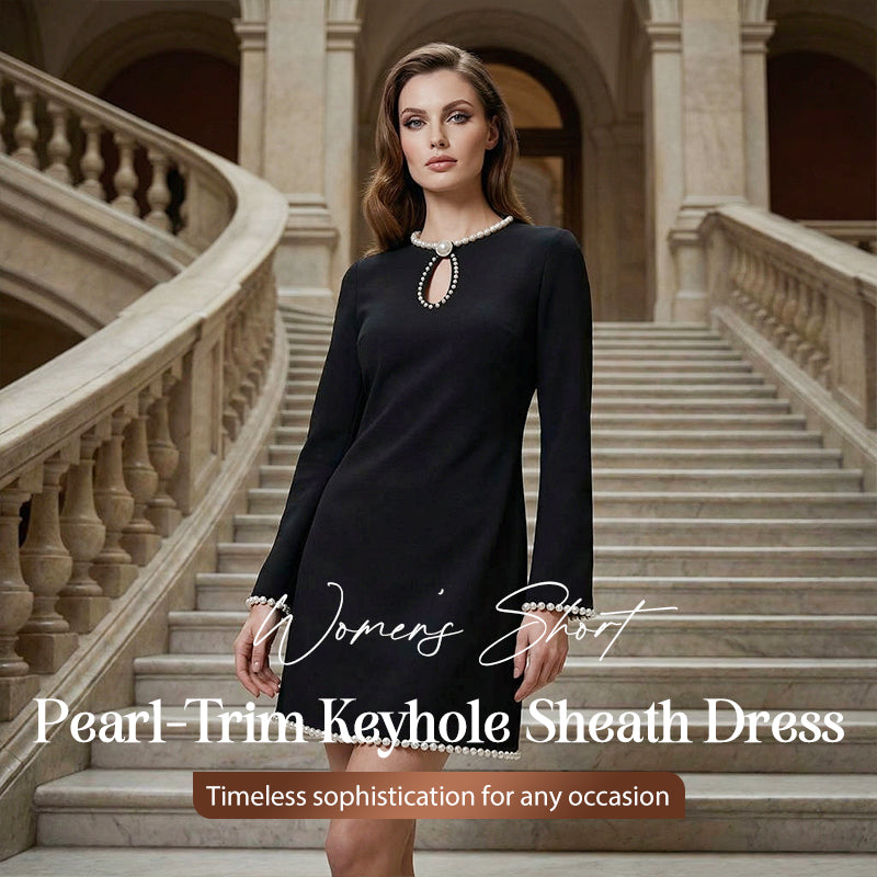 🔥 50% OFF! ✨ Women’s Short Faux Pearl-Trim Keyhole Sheath Dress – Slim-Fit Elegance with Flared Sleeves & Timeless Black 💎🖤