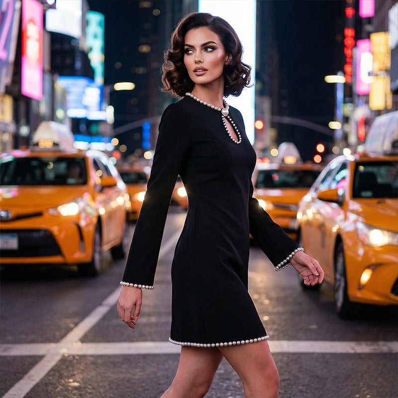 🔥 50% OFF! ✨ Women’s Short Faux Pearl-Trim Keyhole Sheath Dress – Slim-Fit Elegance with Flared Sleeves & Timeless Black 💎🖤