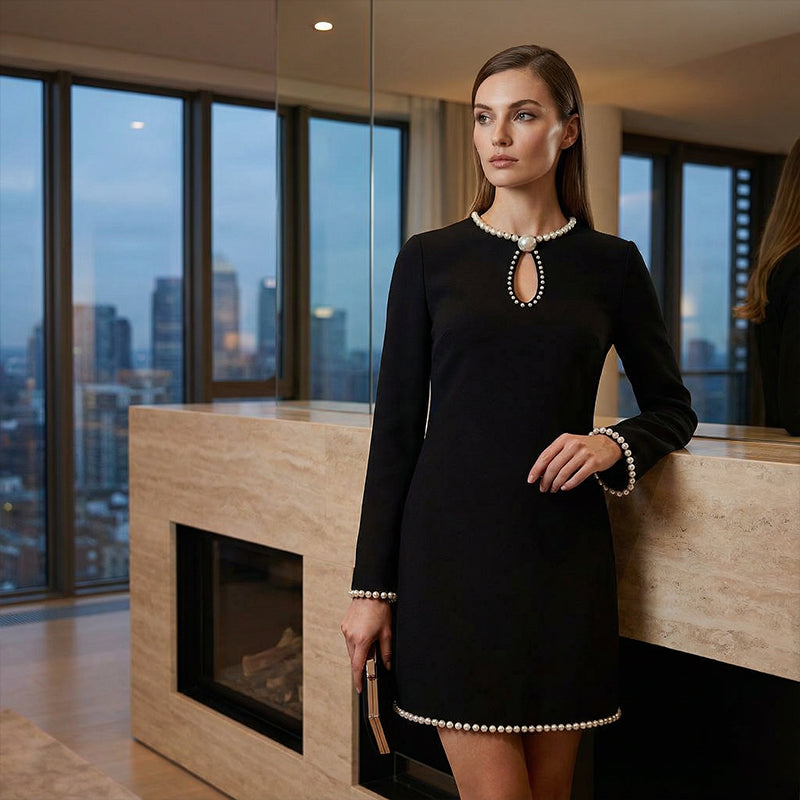 🔥 50% OFF! ✨ Women’s Short Faux Pearl-Trim Keyhole Sheath Dress – Slim-Fit Elegance with Flared Sleeves & Timeless Black 💎🖤