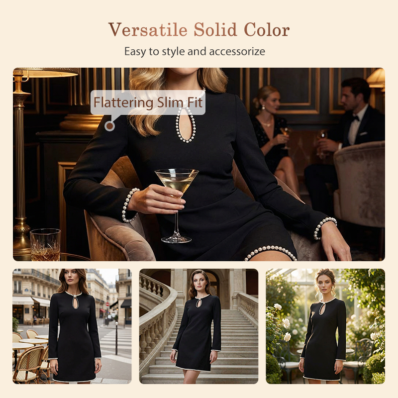 🔥 50% OFF! ✨ Women’s Short Faux Pearl-Trim Keyhole Sheath Dress – Slim-Fit Elegance with Flared Sleeves & Timeless Black 💎🖤