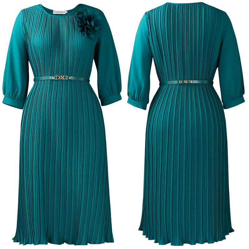 Women's 3/4 Sleeve Pleated Midi Dress with Belt