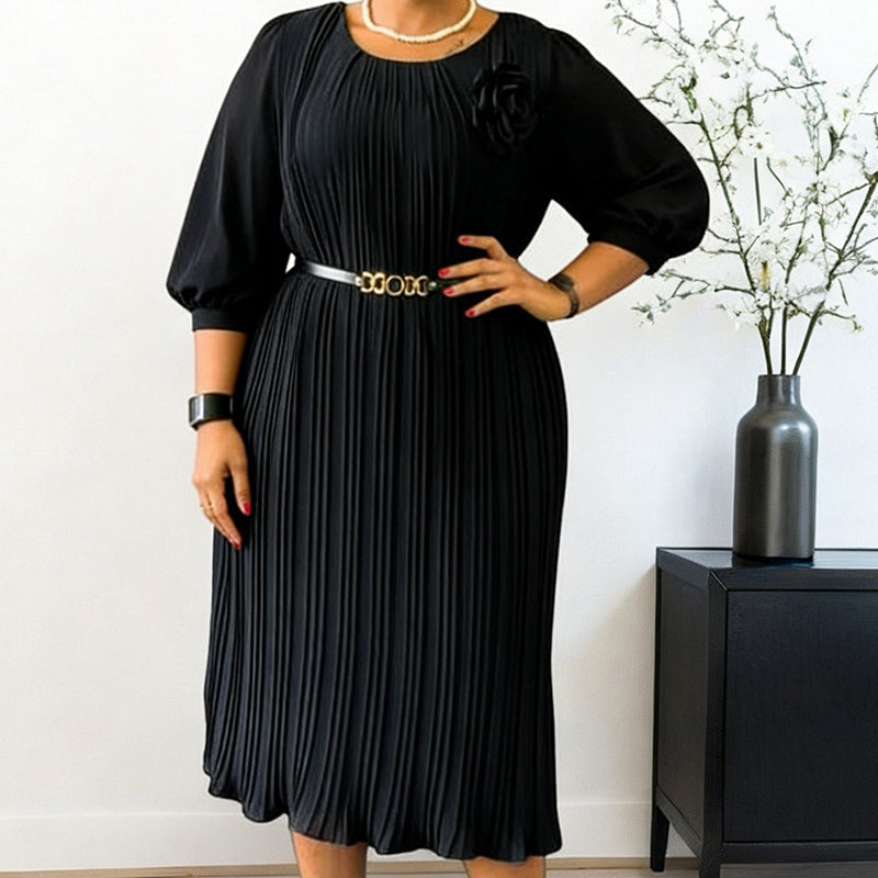 Women's 3/4 Sleeve Pleated Midi Dress with Belt