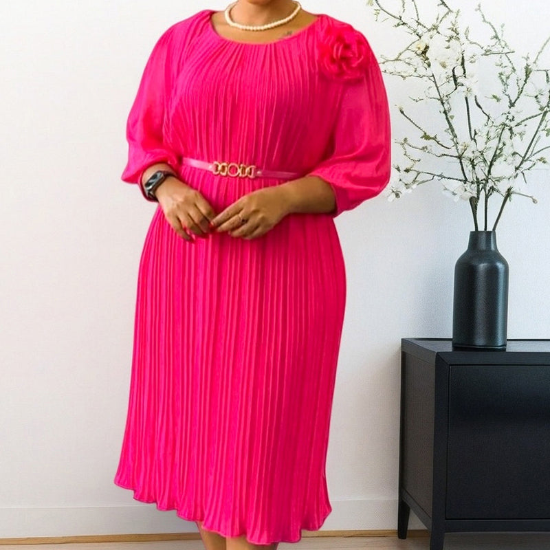 Women's 3/4 Sleeve Pleated Midi Dress with Belt