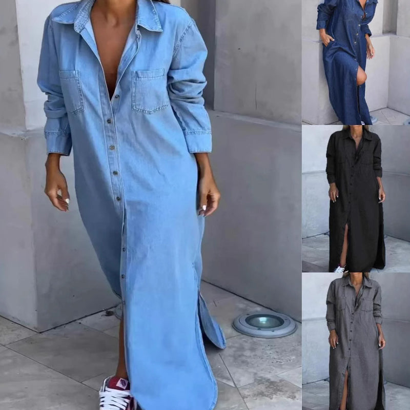 ⏳Time-Limited Special⏰Women's Button-Down Silt Denim Maxi Shirt Dress
