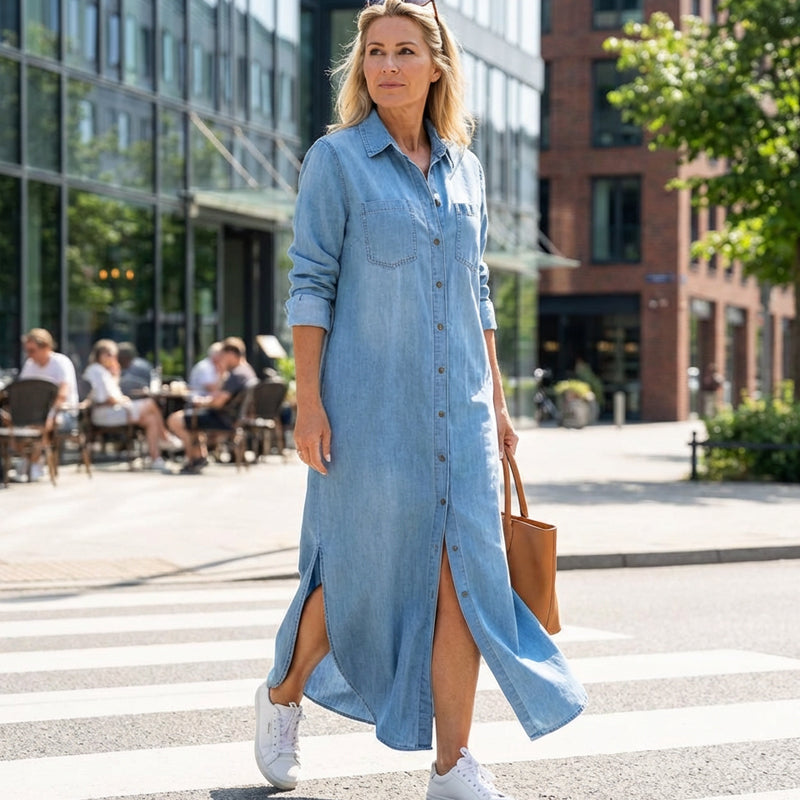 ⏳Time-Limited Special⏰Women's Button-Down Silt Denim Maxi Shirt Dress