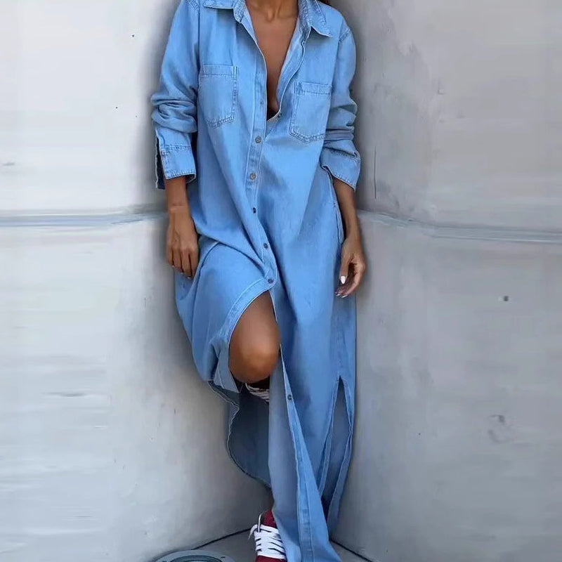 ⏳Time-Limited Special⏰Women's Button-Down Silt Denim Maxi Shirt Dress