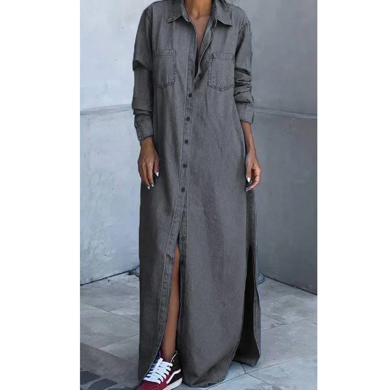 ⏳Time-Limited Special⏰Women's Button-Down Silt Denim Maxi Shirt Dress
