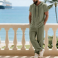Men's 2-Piece Linen Set Hooded Henley Shirt & Pants