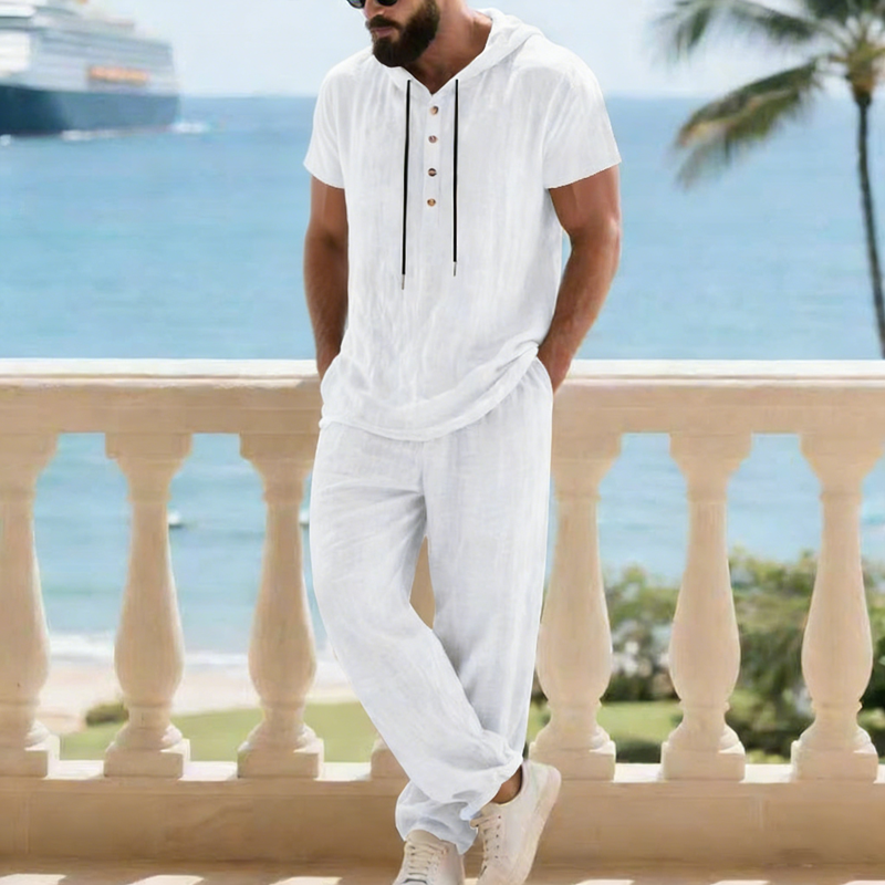Men's 2-Piece Linen Set Hooded Henley Shirt & Pants