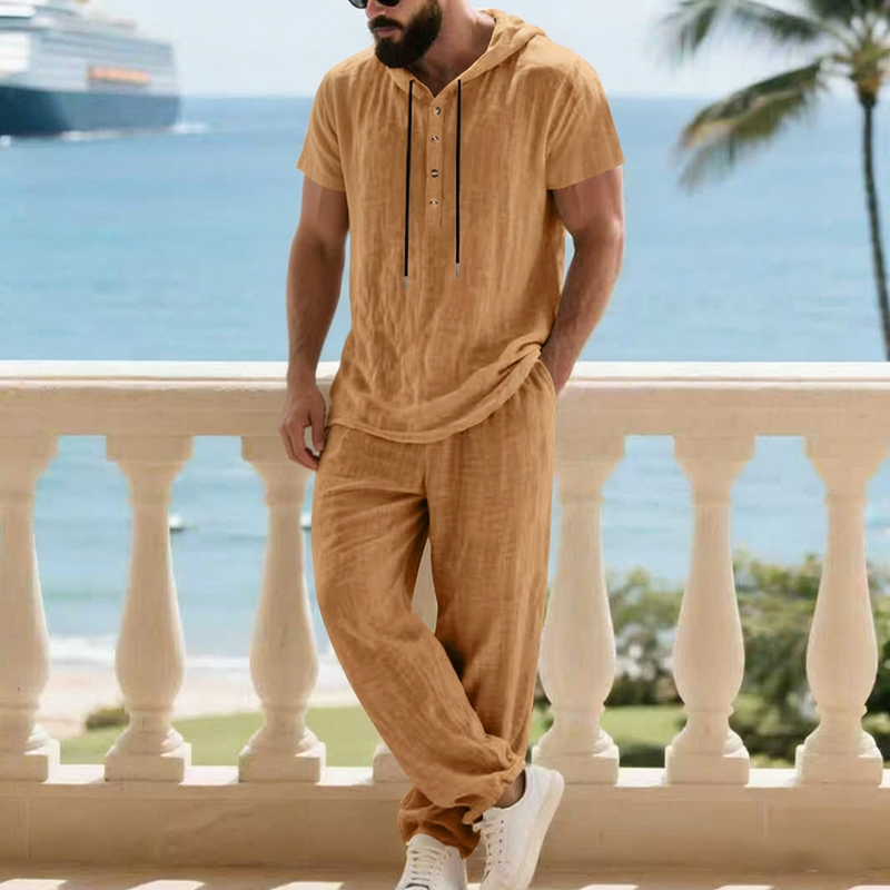 Men's 2-Piece Linen Set Hooded Henley Shirt & Pants