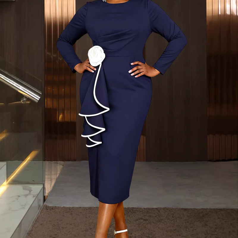 Elegant Round Neck Ruffle Bodycon Dress