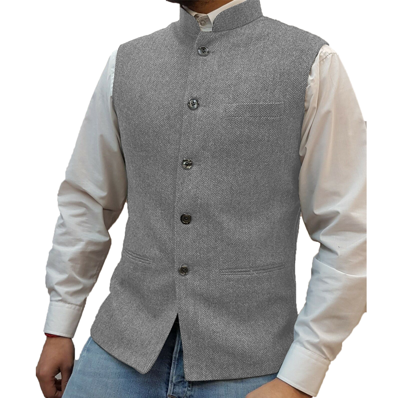 Men's Herringbone Waistcoat with Stand Collar