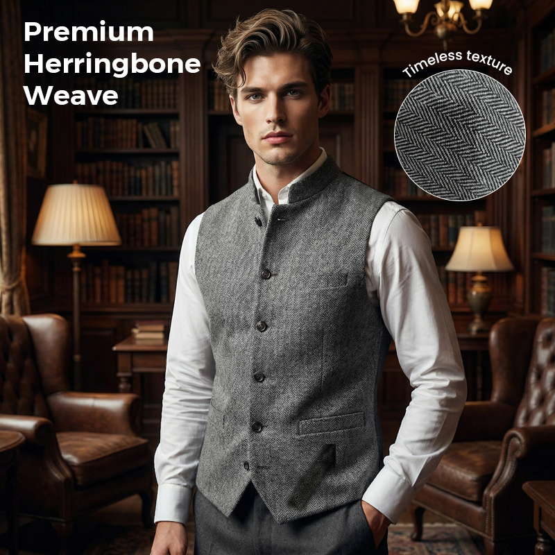 Men's Herringbone Waistcoat with Stand Collar