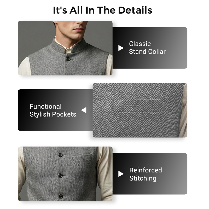 Men's Herringbone Waistcoat with Stand Collar
