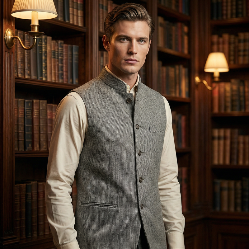 Men's Herringbone Waistcoat with Stand Collar