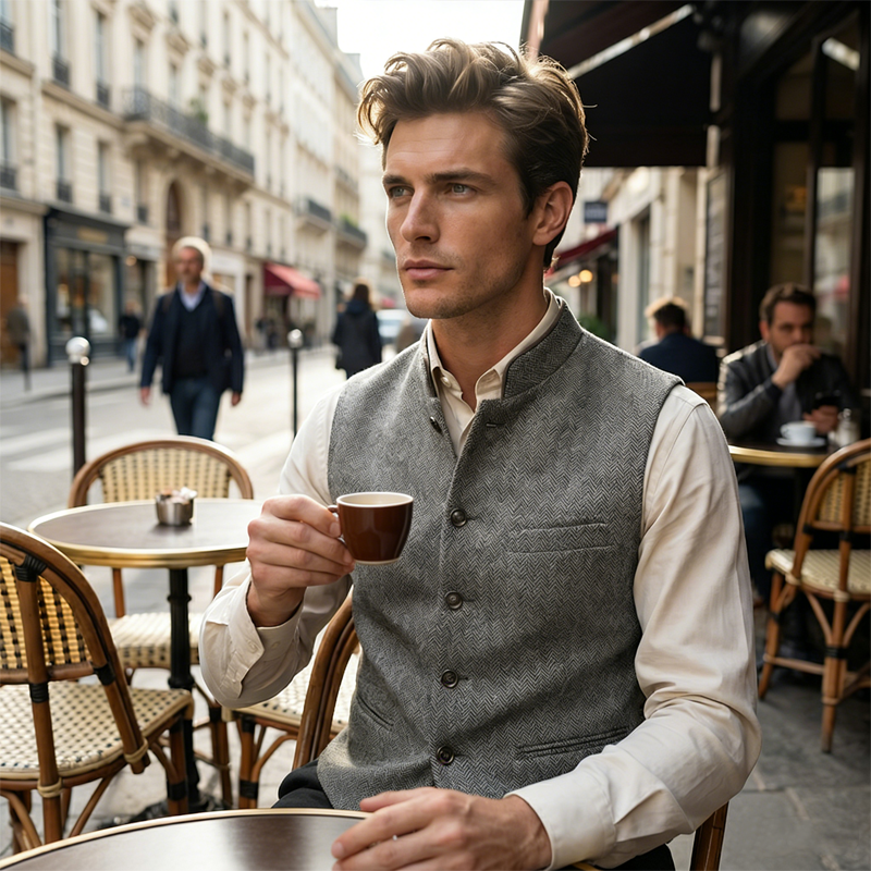 Men's Herringbone Waistcoat with Stand Collar