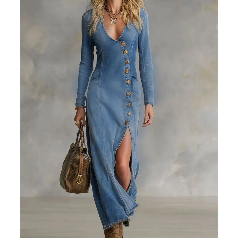 💎 50% OFF! 💎 Women's Long Sleeve V-Neck Maxi Dress – Soft Fabric, Bodycon Fit & Elegant High Slit 👗✨