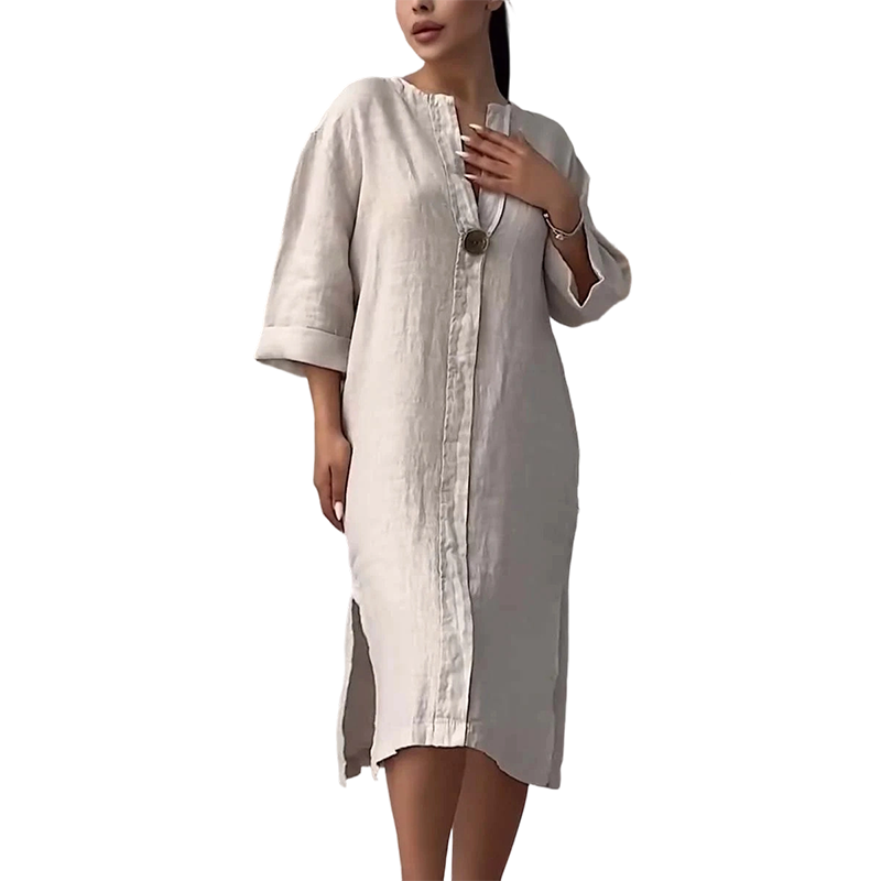 Women's Casual V-Neck Linen Shirt Dress