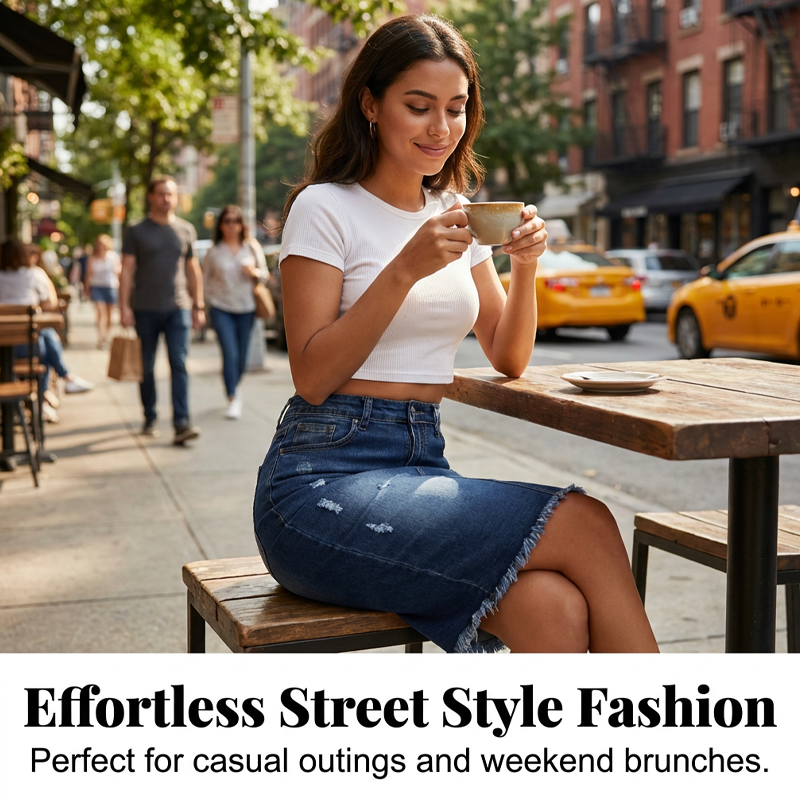 Women's High-Waist Frayed Hem Denim Skirt