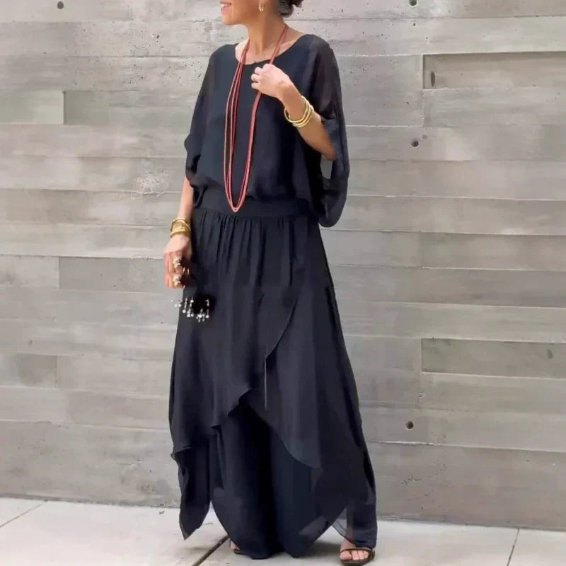 💋LAST DAY SALE 50% OFF💃Loose Top & Slit Wide-Leg Pants Chiffon 2-Piece Set